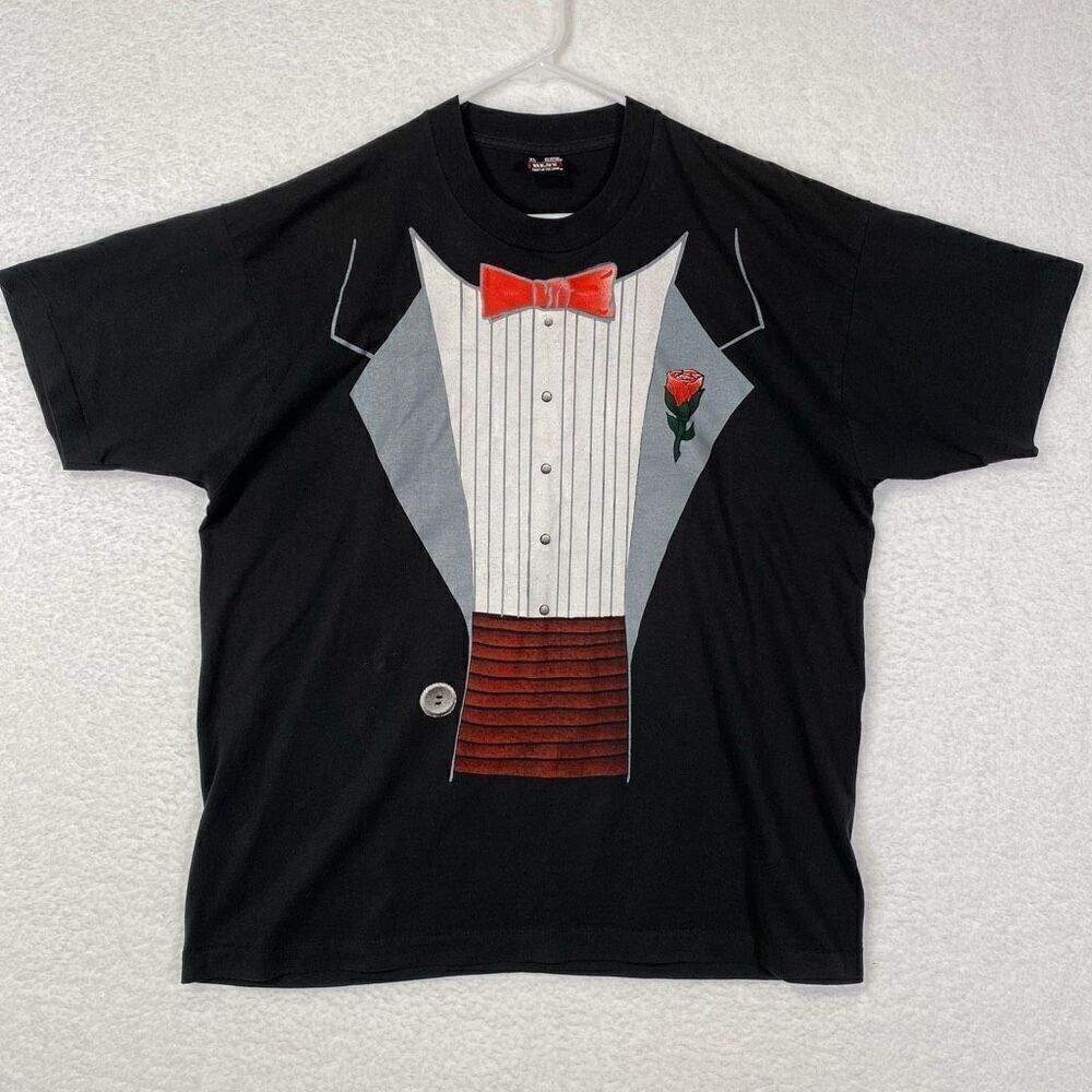 Fruit Of The Loom Men's Tuxedo-Print Single Stitch Rose Funny T-Shirt Black XL